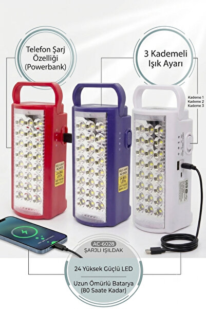 gold light 24 Büyük Ledli 3 Kademeli Şarzlı Usb Girişli 80 Saat Yanan Kamp Ve...