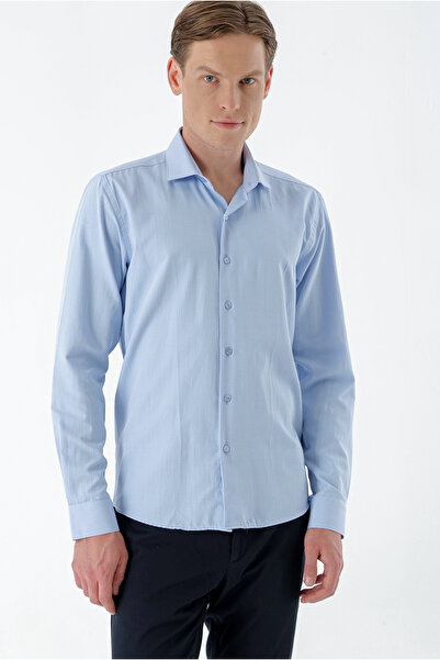 Morven Men's Blue Trend Printed Patterned Italian Collar Slim Fit Shirt