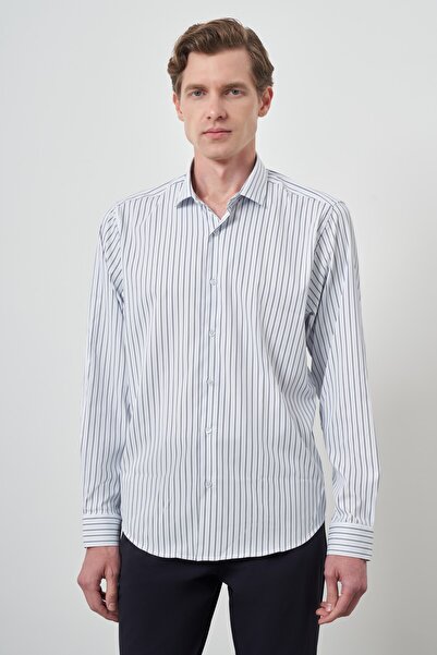 Morven Erkek A-Beyaz Trend Çizgili Slim Fit İtalyan Yaka Gömlek