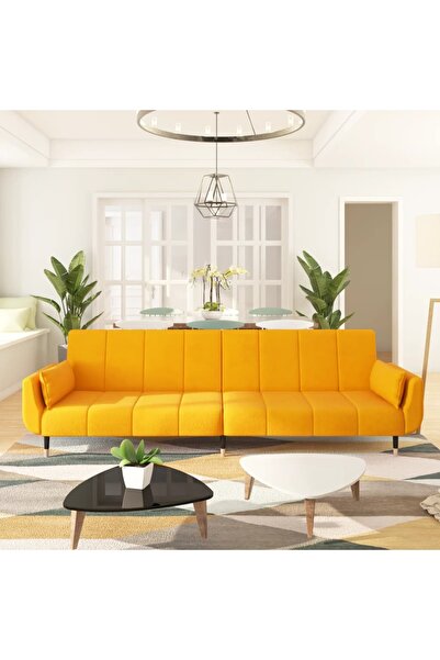 Concept Canapea extensibilă cu 2 locuri, 2 perne, galben, catifea