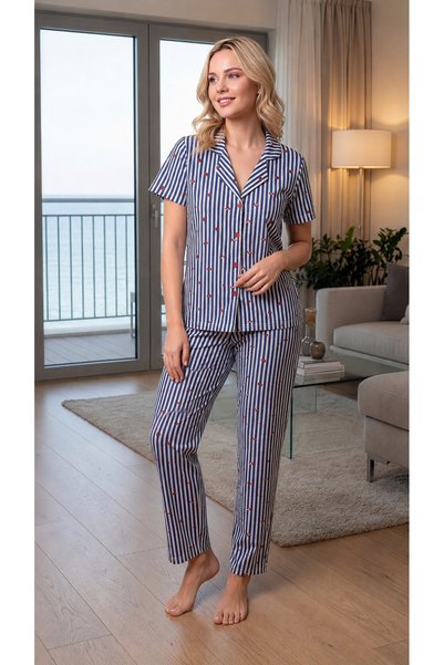 Alperi Women's Summer Striped Ladybug Viscose Buttoned Pajama Set |   Stylish...