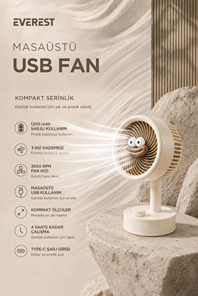 Genel Markalar EFN14 Krem 1200mAh 3 Hız Kademeli Masaüstü USB Fan