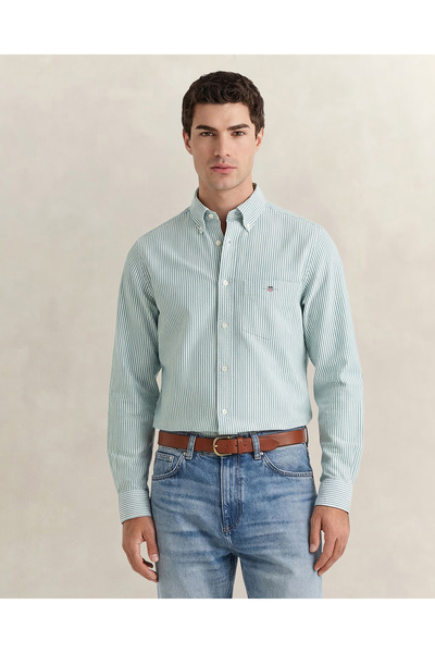 Gant Erkek Yeşil Regular Fit Çizgili Logolu Gömlek