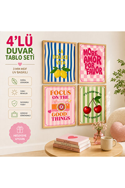 kids town WoodTown 4'lü Retro Duvar Tablosu Seti | 3 mm MDF Ahşap Çerçeve Gör...