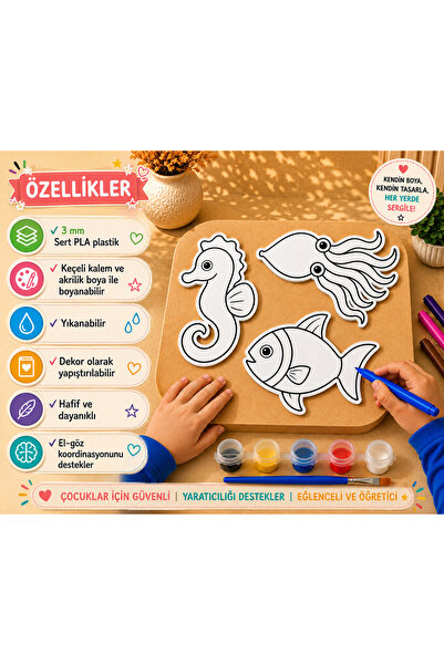 moshmick 3'lü Boya Yapıştır Boyama Seti – Denizatı, Balık ve Kalamar Figürler...