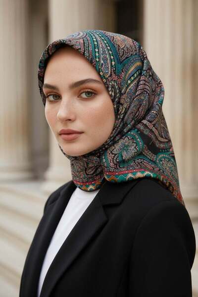 Vissona %100 Twill İpek Etro Desenli Siyah - Turkuaz Renkli 90x90 Eşarp Dikim...