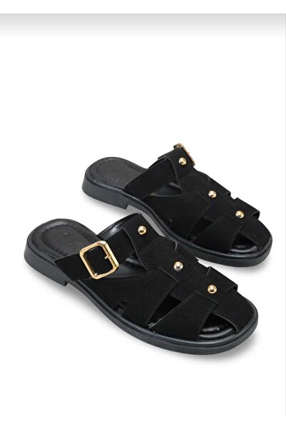 BuluşModa Γυναικείες μαύρες δερμάτινες παντόφλες με υφή