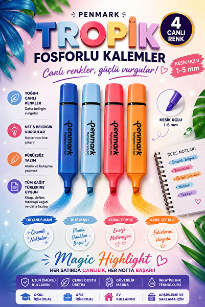ANI OFİS KIRTASİYE A K 4'lü Tropik Fosforlu Kalem Seti - Kesik Uçlu 1-5 mm - ...