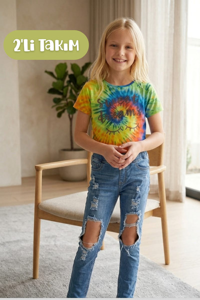 Hilal Akıncı Kids Bluză colorată pentru fete, blugi rupti, pălărie neon Capri...