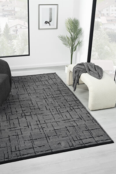 VİTALİHOME Gaia Antrasit Halı Yıkanabilir Kaymaz Taban Şönil Kilim Dokuma Pam...