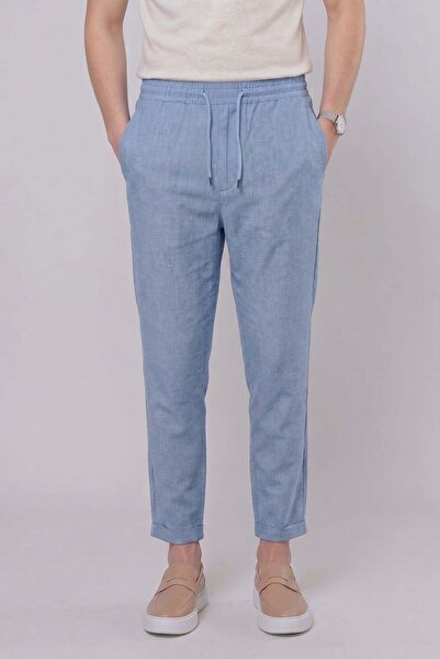 Efor Slim Fit Yan Cepli Beli İpli Keten Mavi Jogger Pantolon ATP 031