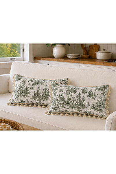 Luxoras Home Yeşil Duck Kumaş Fransız Köylüler Desenli Püsküllü Dekoratif Kır...