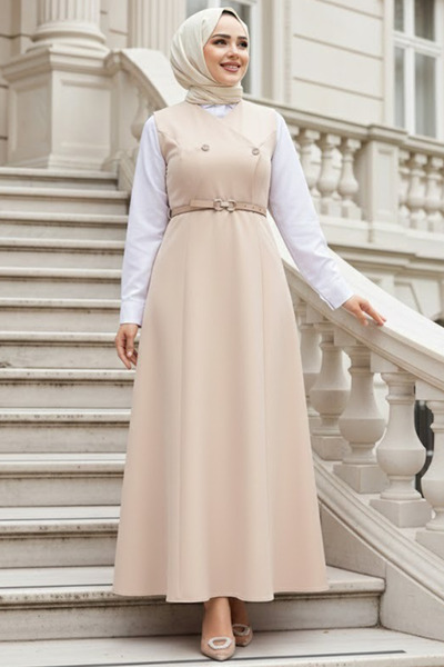 N.S NEVA STYLE Bej Tesettür Jile Elbise 62081BEJ