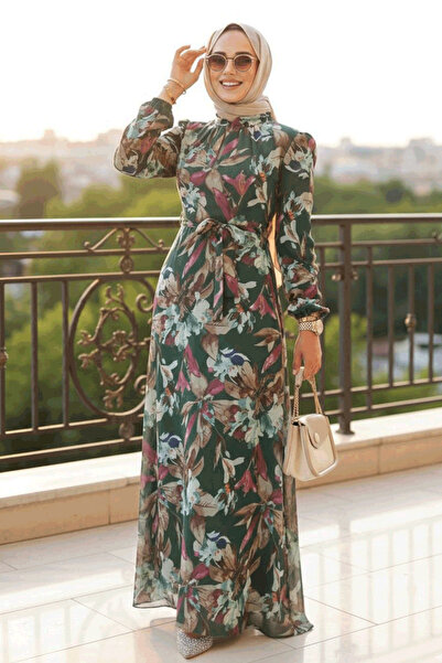 Neva Style فستان حجاب بنقشة الزهور باللون الأخضر الزمردي 27941ZY