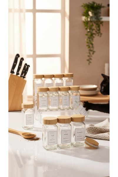 zezedesing Bamboo Lid 12-Piece Spice Set with 18 Angled Labels (With Spray Head)