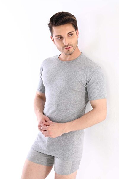 Çift Kaplan Tricou gri pentru bărbați, țesut cu nervuri, cu decolteu, 841