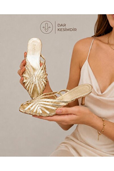 redtan Women's Gold Caged Short Thin Heeled Slippers Modern Stylish Open Toe ...