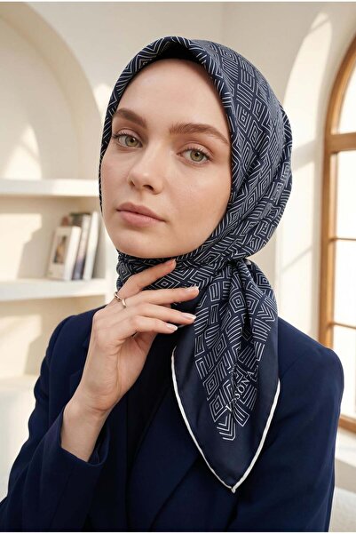 Vissona %57 İPEK %43 VİSKON Twill İpek Etnik Motif Desenli Lacivert - Krem Re...