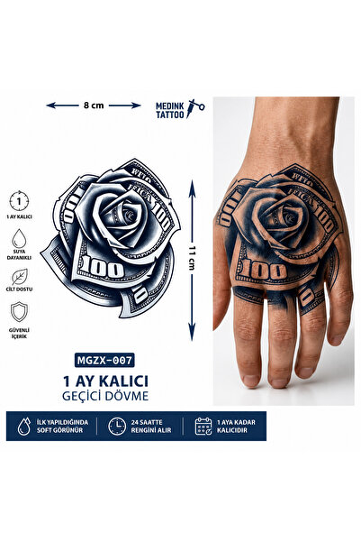 medink tattoo 1 Ay Kalıcı 24 Saat Sonra Kararan El üstü Gül Model Geçici Dövm...