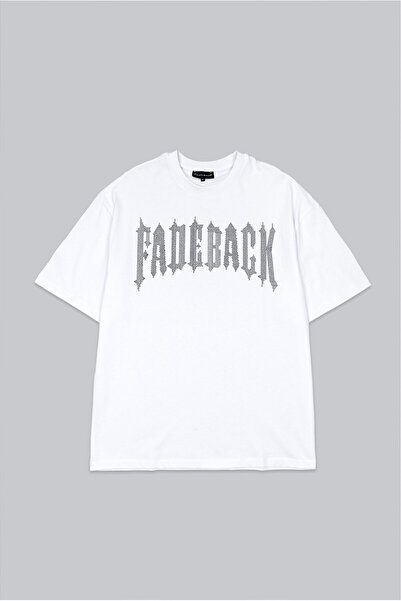 Fadeback Tricou bărbătesc alb oversize cu strasuri și pietre negre, stil tribal