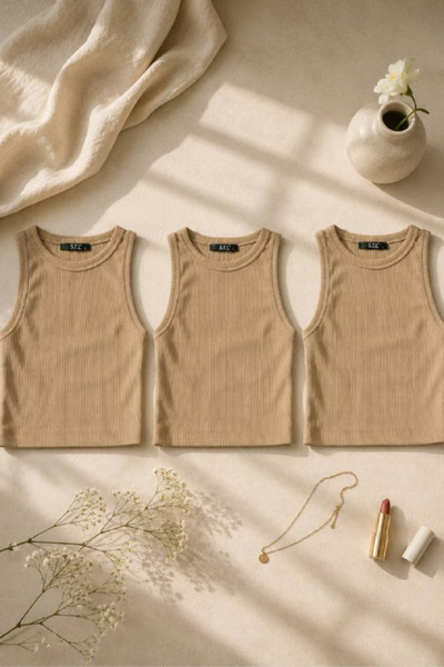 oshebu Beige- Women's 3-Piece Slim Fit Crop Blouse