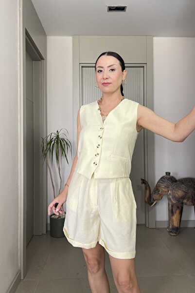 Butik YUMUŞAK TİRİL DOKULU ŞORT YELEK TAKIM
