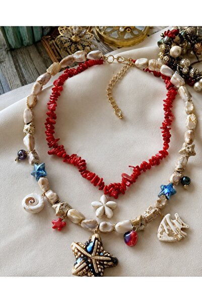 Bo Takı ve Aksesuar Sea-Themed 2-Piece Charm Necklace with Pearls