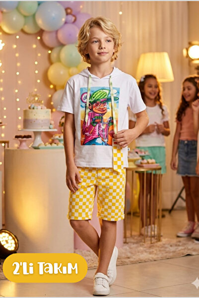 Hilal Akıncı Kids Boy's Bicycle Printed Hooded T-Shirt Checkered Denim Shorts...