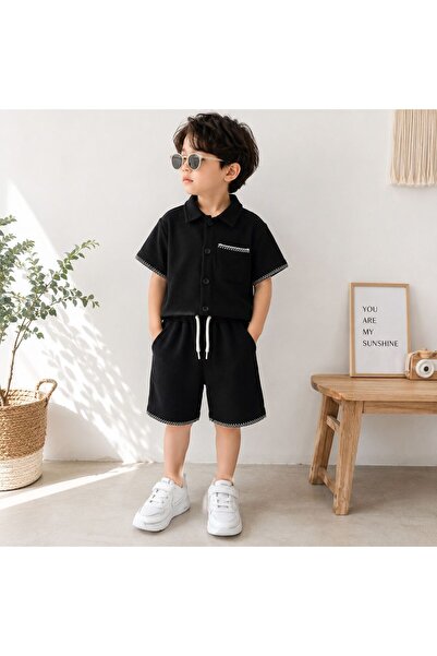 Kidscocuk طقم قميص وشورت من قماش الوافل للأولاد مع تفاصيل الجيوب، طقم صيفي لل...