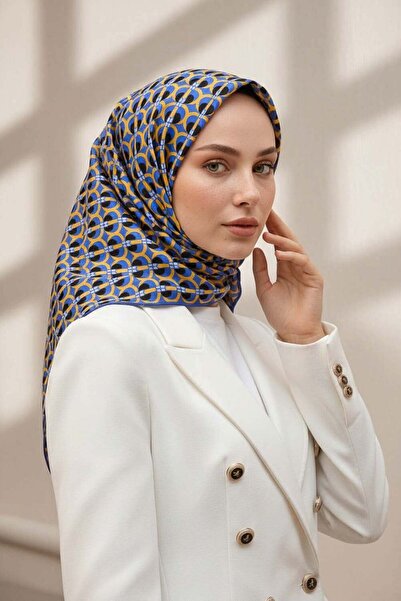 Vissona 100% حرير متشابك بنمط هندسي - وشاح ذهبي اللون 90x90 طريقة الخياطة: خي...