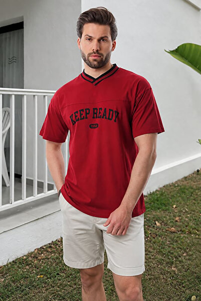 Madmext Burgundy V-Neck Printed Short Sleeve Overfit T-Shirt 7039