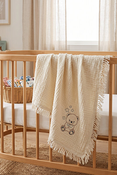 Wheeppo %100 Pamuk 4 Katlı Müslin Bebek Battaniyesi - Nakışlı - 100x110 cm
