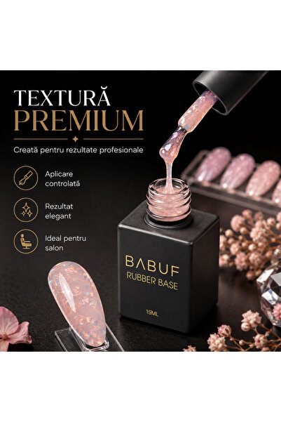 BABUF Bază Rubber cu fulgi iridescenți BABUF, Peach Elixir, 15 ml