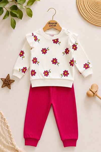dinamik çocuk Daisy Report Ribbed Sleeve Detailed Baby Girl Set Monthly Seaso...