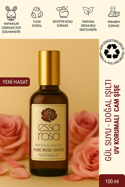 ESSAROSA PURE %100 NATURAL Gül Suyu Cam Şişe 100 ml, Gözenek Sıkılaştırıcı Ay...