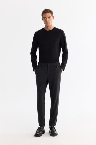 Avva Men's Black Side Elastic Pleated Plaid Double Leg Slim Fit Trousers A42Y...