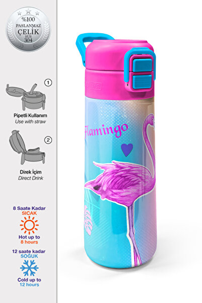 Coral High Kids Lavanta Pembe Flamingo Desenli Pipetli ve Direkt İçim Çelik T...