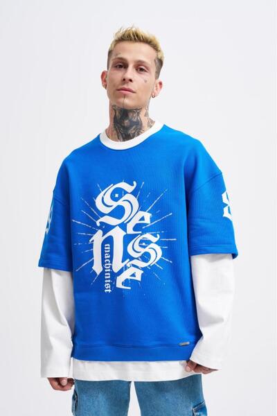 Machinist Erkek Contrast Layerd Sweatshirt Açık Mavi-Ekru