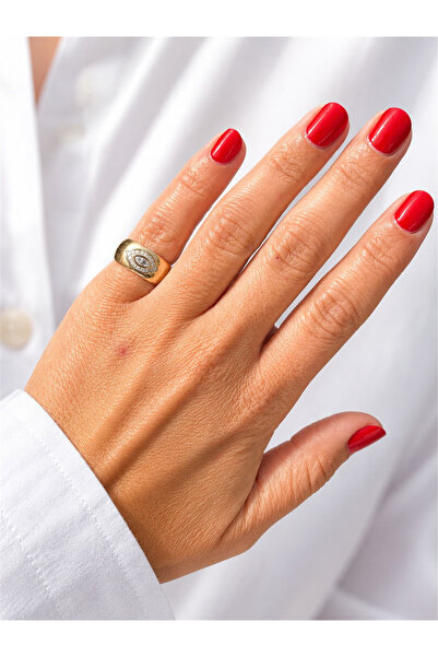Les Petites Mains Wide Gold Color Bijouterie Ring with Zircon Stone |   Adjus...