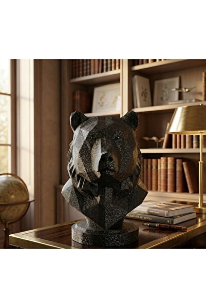 BCİ 3D Modern Geometrik Ayı Heykeli Bust - Siyah Dekoratif Biblo - Ofis ve Ev...