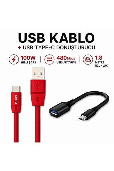 Philips 5A 100W UsbA to Type-C 1.8 M Hızlı Şarj ve Data Kablosu + ScHitec Typ...