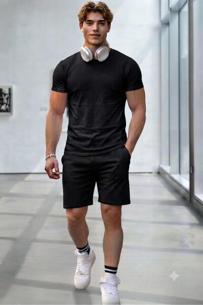NO 601 Men's Black Oval Slimfit Black Combed Cotton Shorts Plain Set
