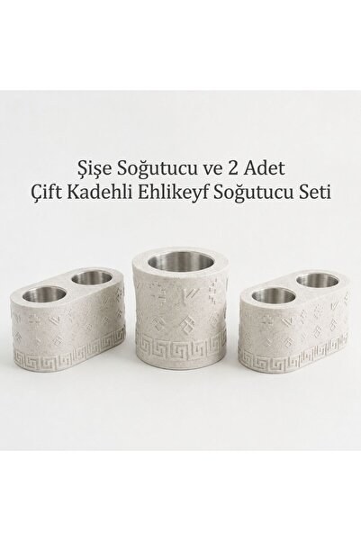 Mottopi Ehlikeyf Şişe Soğutucu ve 2 Adet Çift Kadeh Bardak Soğutucu-Mermer Renk