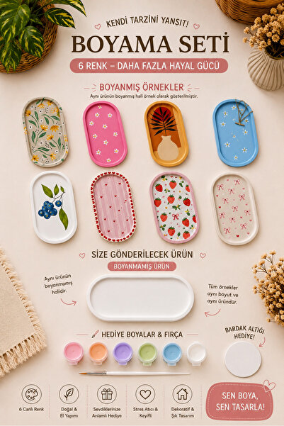 LORİCA Boyanabilir Dekoratif Tepsi Seti – Kendin Boya Tasarla Hobi Kiti – 6 R...