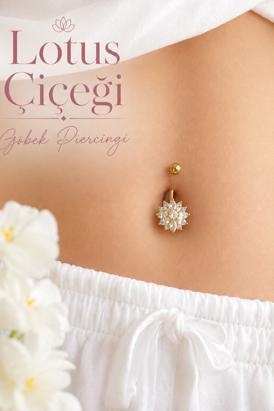 Sacce Scarves&Accessories Altın Renkli Çiçek Model Taşlı Çelik Göbek Piercing