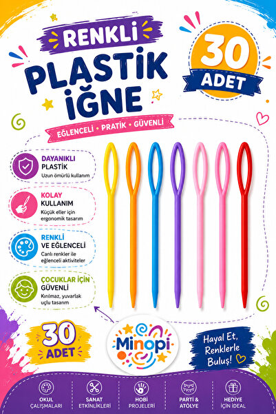 Minopi ( 30 Adet ) Renkli Plastik Yün İğnesi 9 cm Örgü Dikme İplik İğnesi