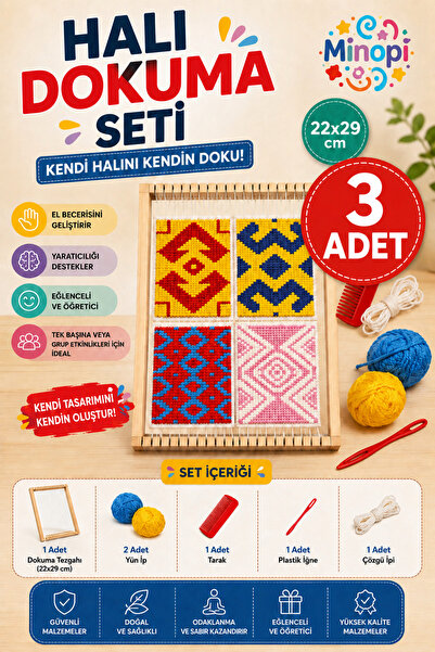 Minopi ( 3 Adet ) Ahşap Halı Dokuma Tezgahı Hobi Okul Elişi Çocuk Halı Dokuma...