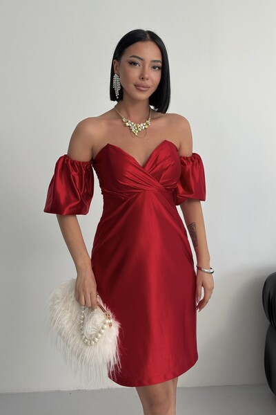 ALFUDO Moda Collection Bandeau Balon Kol Bodycon Mini Kırmızı Abiye Elbise