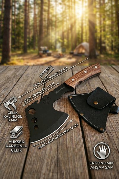 LAZBİSA 2 Li Outdoor Balta Bıçak Seti Kamp Baltası Bıçak Şef Bıçağı Nacak Ahşap Sap Blt3