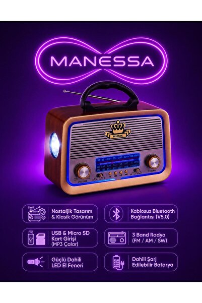Manessa 301 Nostalji Bluetooth Radyo Usb Sd Mp3 Player Pra-157